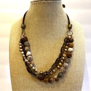 Geniune Freshwater Pearls, Gemstones & Glass beads necklace on brown ribbon